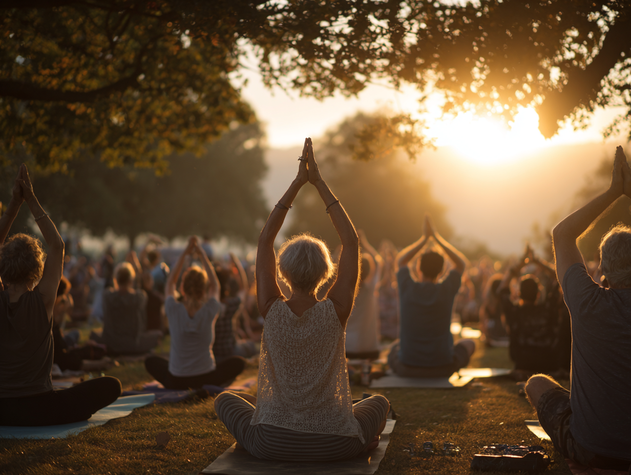 Сімейна практика йоги на природі - батьки та діти виконують м'які вправи на розтяжку
