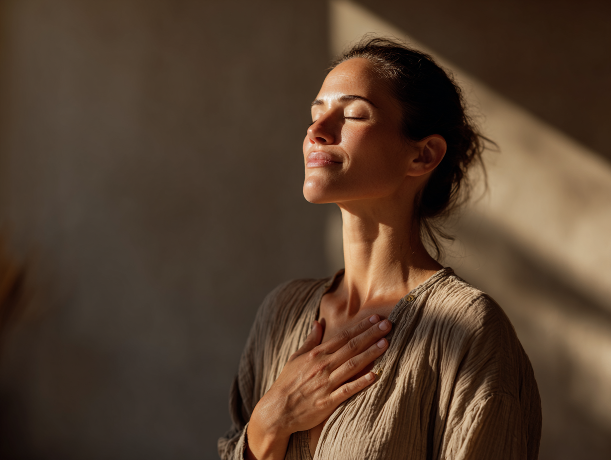 Особа практикує дихальні вправи у спокійному оточенні